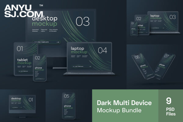 9款深色系手机笔记本平板台式电脑网站应用UI程序设计展示PSD样机套装Dark Clay Multi Device Mockup Set