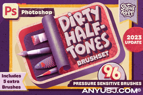 101款复古做旧半色调喷雾手绘漫画着色上色PS笔刷套装Dirty Halftones Photoshop Brush Set-第4255期-
