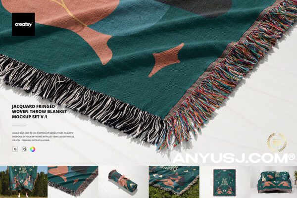 6款极简毛毯挂毯盖毯提花针织流苏编织机织毯子印花设计展示PSD样机套装-第4267期-