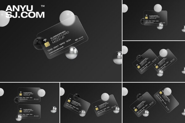 6款透明毛玻璃亚克力塑料银行卡信用卡PSD样机组合Glass Effect Credit Card Mockups