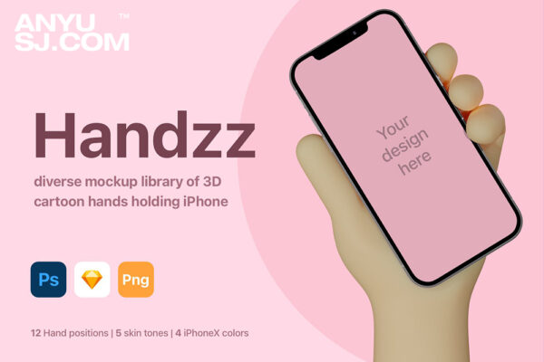有趣3D卡通手持苹果手机iPhone屏幕演示样机模板 Handzz – 3D Hands Mockup-第1067期-