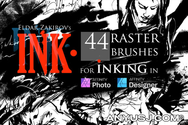44款仿真真实质感水墨钢笔画笔喷雾飞溅墨迹Affinity Designer艺术绘画笔刷套装INK. Affinity Photo inking brush set