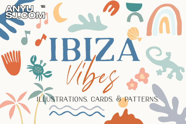 100+夏季植物树叶抽象几何手绘温暖明亮岛屿氛围AI矢量插画图案图形明信片卡片设计套装Ibiza Vibes. Abstract & Patterns