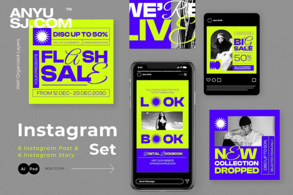 12款极简现代时尚电商主图详情页海报图文排版设计PSD/AI模板Neon Hypebeast Fashion Sale Instagram Pack