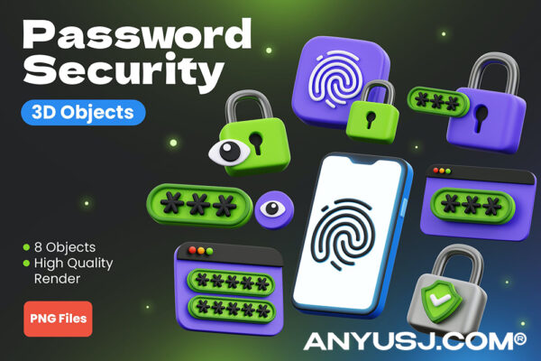 8款数据银行密码安全处理UI图标插画3D立体PNG免扣元素套装Password Security 3D Objects