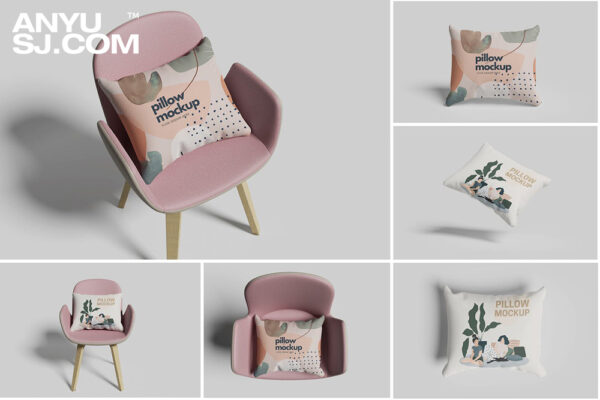 6款极简多角度轻盈枕头椅子组合PSD设计展示样机Pillow Mockup