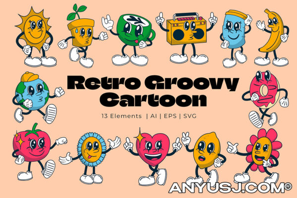 13款复古趣味卡通人物IP创意插画logo徽标图形设计套装Retro Groovy Cartoon Illustration