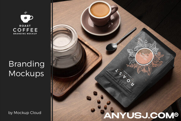 21款咖啡品牌包装袋铝箔袋咖啡豆名片卡片传单设计展示PSD样机套装Roast – Coffee Branding Mockups