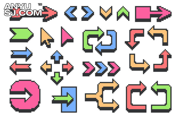 复古像素箭头图标插画AI矢量设计元素Set of Retro Arrows in Pixel Style