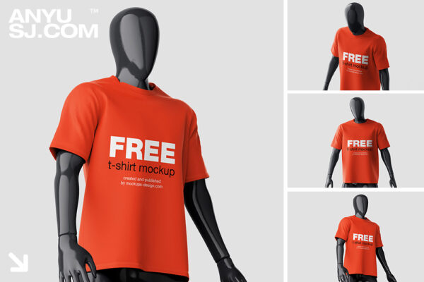 3款可商用人体模特T恤短袖上衣印花设计展示PSD样机t-shirt mockup on mannequin
