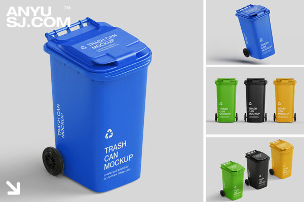 5款极简可商用塑料环保回收垃圾桶外观设计展示PSD样机trash can mockup