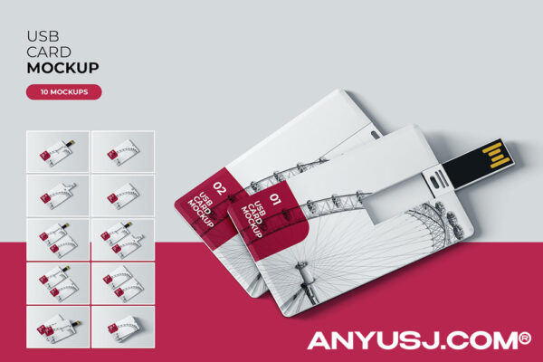 10款极简USB数据内存卡闪存卡U盘还原卡卡片设计展示PSD样机USB Card Mockup