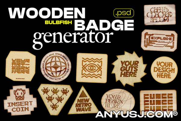 真实质感木质徽标徽章别针logo图标图形不规则异形激光雕刻PSD设计展示样机Wooden Badge Generator