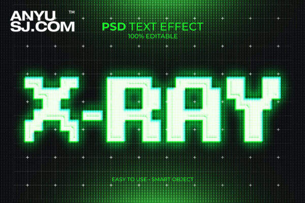 绿色CRT复古像素X光文字文本标题设计PSD特效样机Xray CRT Green Text Effect