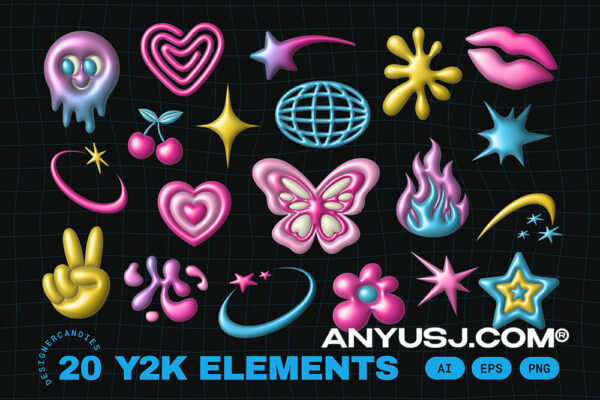 20款复古Y2K渐变3D爱心火焰星芒logo图标徽标AI膨胀矢量源文件套装Y2K Elements Set-第4143期-