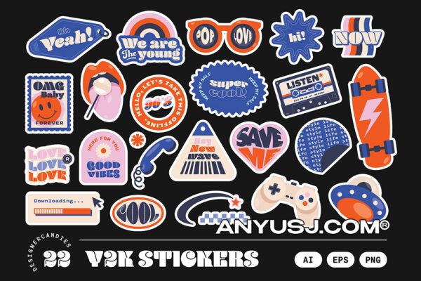 22款复古Y2K趣味可爱卡通logo徽标贴纸卡片插画AI矢量套装Y2K Retro Illustrations Set