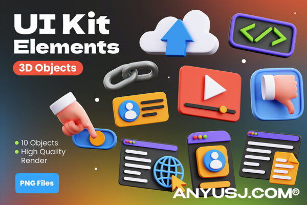10款3D网页插画UI图标插图立体PNG免扣设计元素UI Kit Element 3D Objects