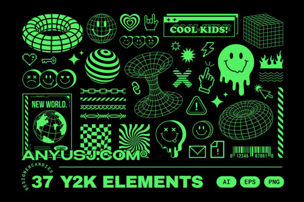 37款Y2K复古电子游戏像素笑脸线框网格几何表情符号logo徽标矢量插画图标设计套装Y2K Vector Illustrations