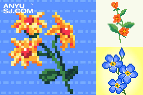 10款复古像素花卉植物花朵恐龙小鸟AI矢量插画套装-第4325期-