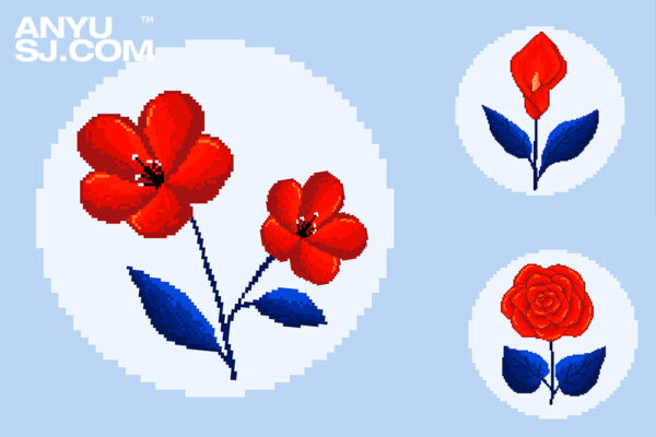 10款复古像素花卉植物花朵AI矢量插画套装-第4325期-