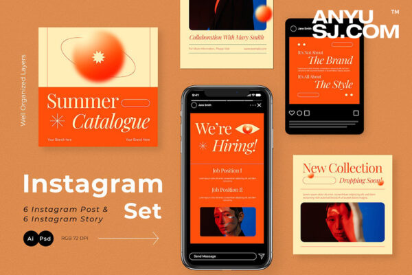 极简橙色渐变弥散光优雅INS电商促销主图海报排版设计模板Orange Gradient Summer Sale Instagram Pack-第4415期-