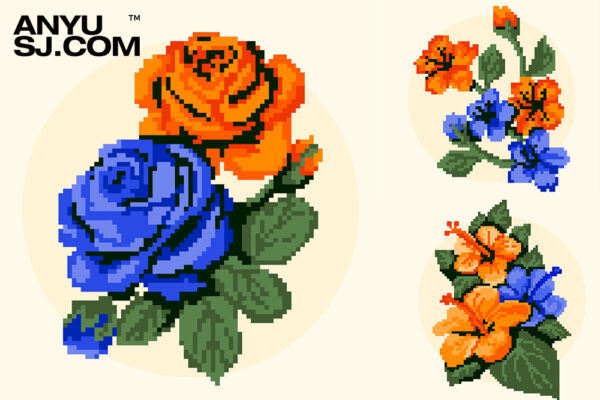 10款复古像素花卉植物花朵AI矢量插画套装-第4325期-