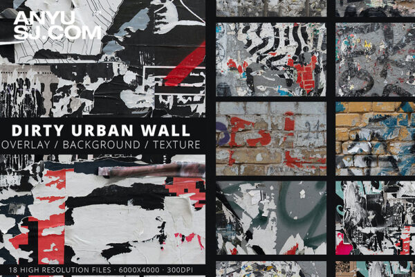 18款城市街头涂鸦做旧撕裂贴纸海报背景墙面肌理套装18 Dirty Urban Wall Torn Poster Textures