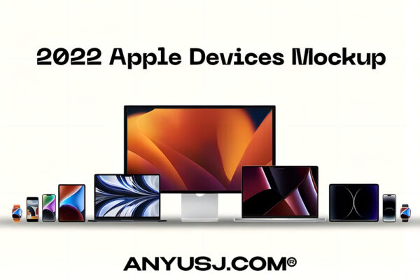 2022苹果设备iPhone 14笔记本一体机手表显示器电脑手机样机模板套装 2022 Apple Device Mockup PSD