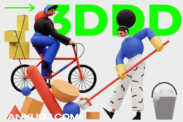 15款3D渲染现代青年人物角色男女工作学习生活俏皮PNG/Blender模型插画插图设计套装3DDD Illustrations-第4457期-