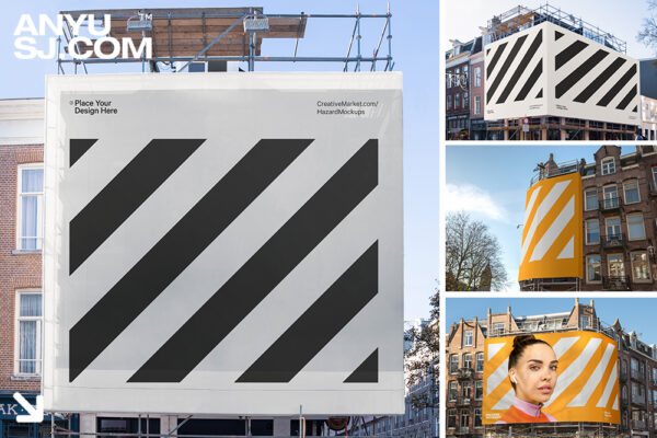 4款质感城市建筑巨幅广告牌横幅海报设计展示PSD样机4x Billboard Construction Mockups-第4449期-