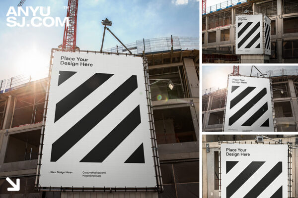 4款质感城市建筑工地导视牌告示牌广告牌横幅海报设计展示PSD样机4x Billboard Construction Mockups-第4449期-