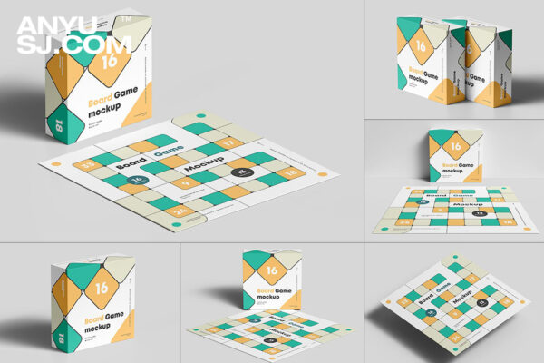 6款飞行棋桌游棋盘纸盒包装设计展示PSD样机Board Game Mock-up