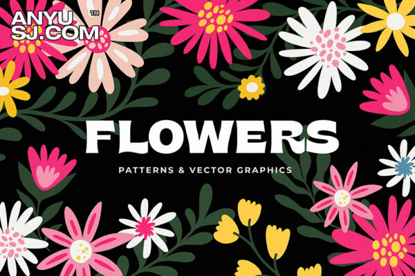 50+扁平风花卉花朵植物树叶手绘插画无缝图案印花AI矢量插图源文件FLOWERS patterns & graphics + BONUS-第4350期-