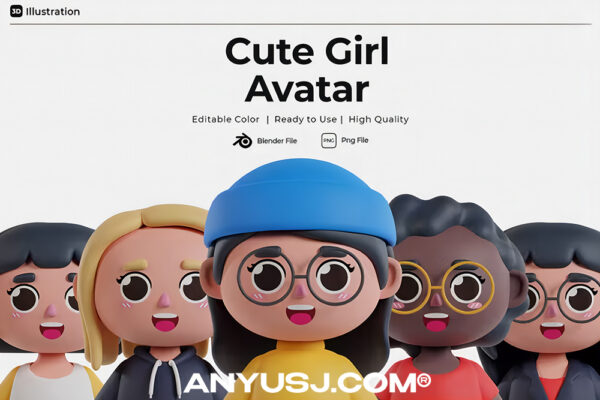 22款可爱3D趣味女孩头像半身像插画插图图标Blend/PNG模型设计套装Girl 3D Avatar-第4364期-