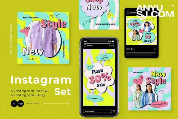 12款现代时尚INS主图社交媒体推文图文排版设计PS/AI模板Green Doodle Fashion Sale Instagram Pack