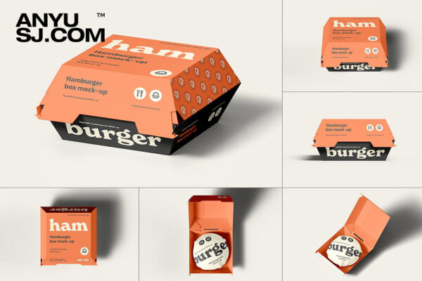 6款极简逼真快餐餐饮汉堡纸盒包装盒包装纸设计展示PSD样机Hamburger Box Mockup