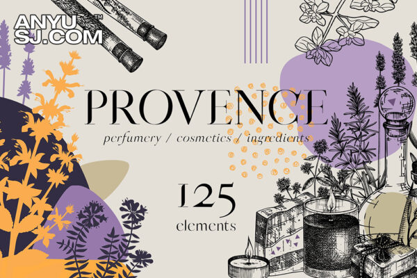 125款普罗旺斯系列花卉花朵植物鼠尾草薰衣草罗勒迷迭香手绘插画AI矢量元素无缝图案设计套装Herbs of Provence. Floral collages-第4396期-