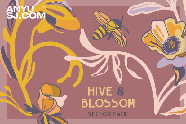 8款手绘蜜蜂花卉花朵植物AI矢量插画设计包Hive & Blossom Vector Pack