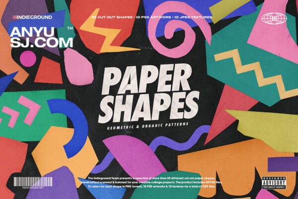 1125款灵感剪纸拼贴艺术不规则几何抽象PNG高清免扣设计元素背景图案肌理套装Indieground Design – Paper Shapes-第4399期-