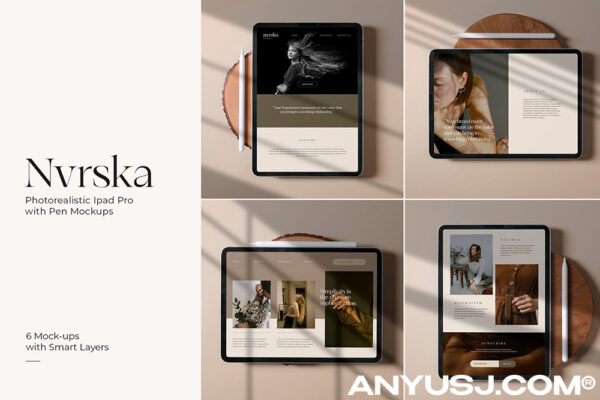6款极简优雅原木光影iPad网页App应用ui界面设计作品PSD展示样机套装Nvrska – Ipad Pro Photo Mockups