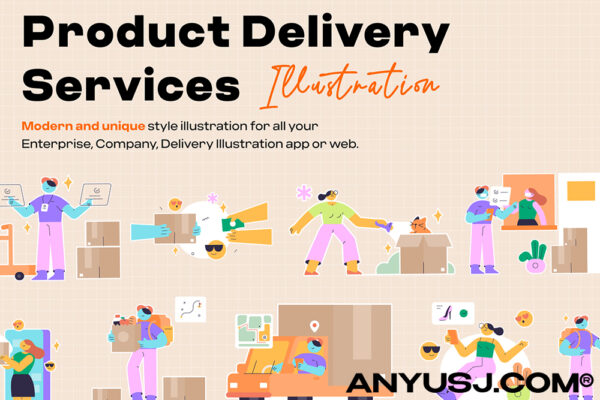20款扁平化创意趣味物流快递电商购物人物插图插画AI矢量设计套装Product Delivery Services