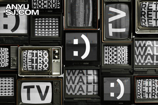 3款复古旧电视TV显示器电视墙海报屏幕logo设计展示PSD样机Retro TV Wall Mockup 001