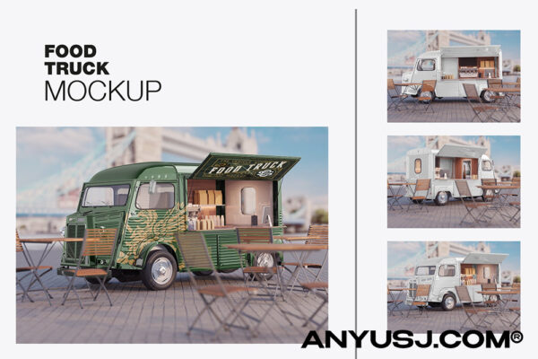3款复古货车商品车房车小吃车PSD外观设计展示样机Set Vintage Food Truck Scene Mockup