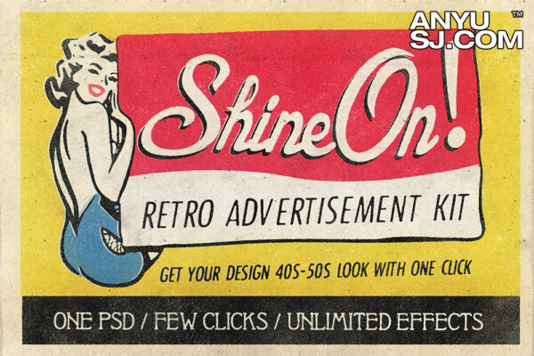 美式复古做旧半调PSD特效背景肌理样机套装Shine On – Retro Advertisement Kit