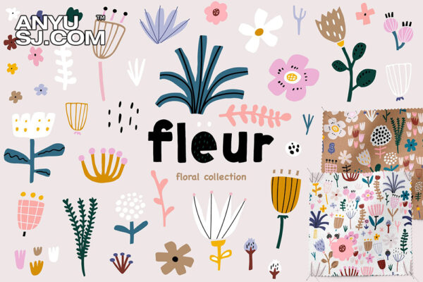 100+趣味可爱儿童手绘花卉花朵植物AI矢量插画无缝图案剪贴画设计套装The Fleur blossom collection-第4411期-