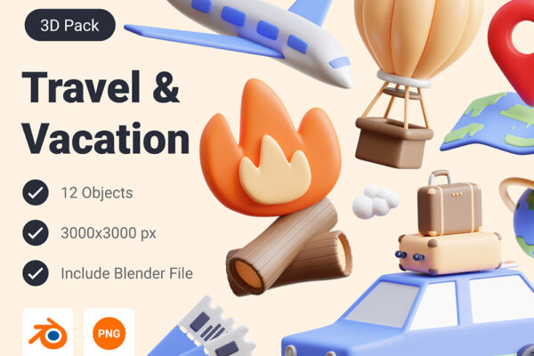 12款3D立体趣味卡通露营旅行度假旅游插图插画png免抠元素设计套装Travel & Vacation 3D Icon Pack