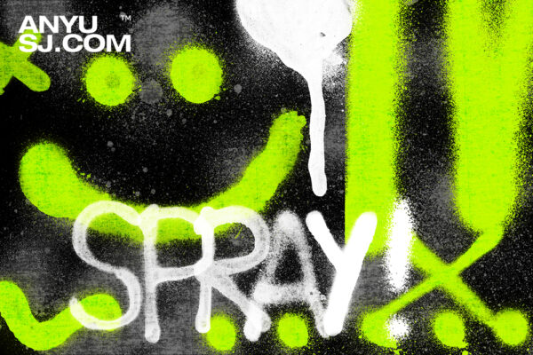 60+复古城市街头品喷漆涂鸦英文大写字母符号PNG免扣PS笔刷套装Urban Spray Brushes