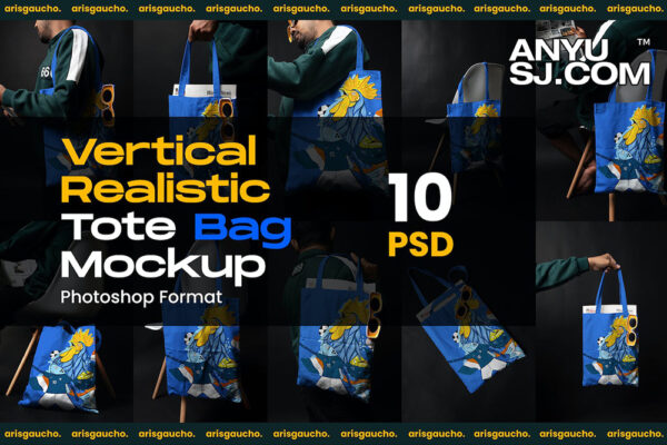10款人物模特帆布袋购物袋手提袋布袋展示PSD源文件Vertical Realistic Tote Bag Mockup