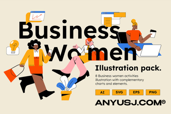 8款女生工作场景企业家日程安排设计AI矢量插画套装Women Entrepreneur Mother’s Day Illustration Set