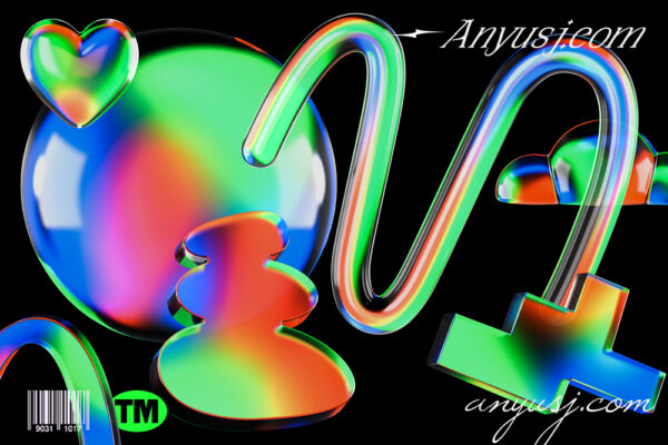 40款3D渐变透明水晶玻璃光线折射爱心几何抽象艺术PNG免扣设计图形元素3D GLOWY GLASSMORPHIC SHAPES-第4557期-